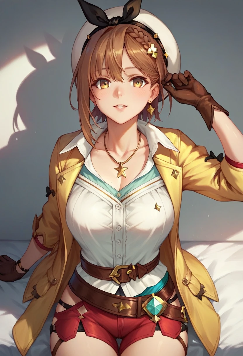 (best quality, highres,masterpiece,illustration)[realistic]1 girl,dining together,(large breasts:0.6)(sagging breasts:0.3)pov,ryza[jewelry,belt,hat,white headwear,necklace,yellow jacket,brown glove,shirt]