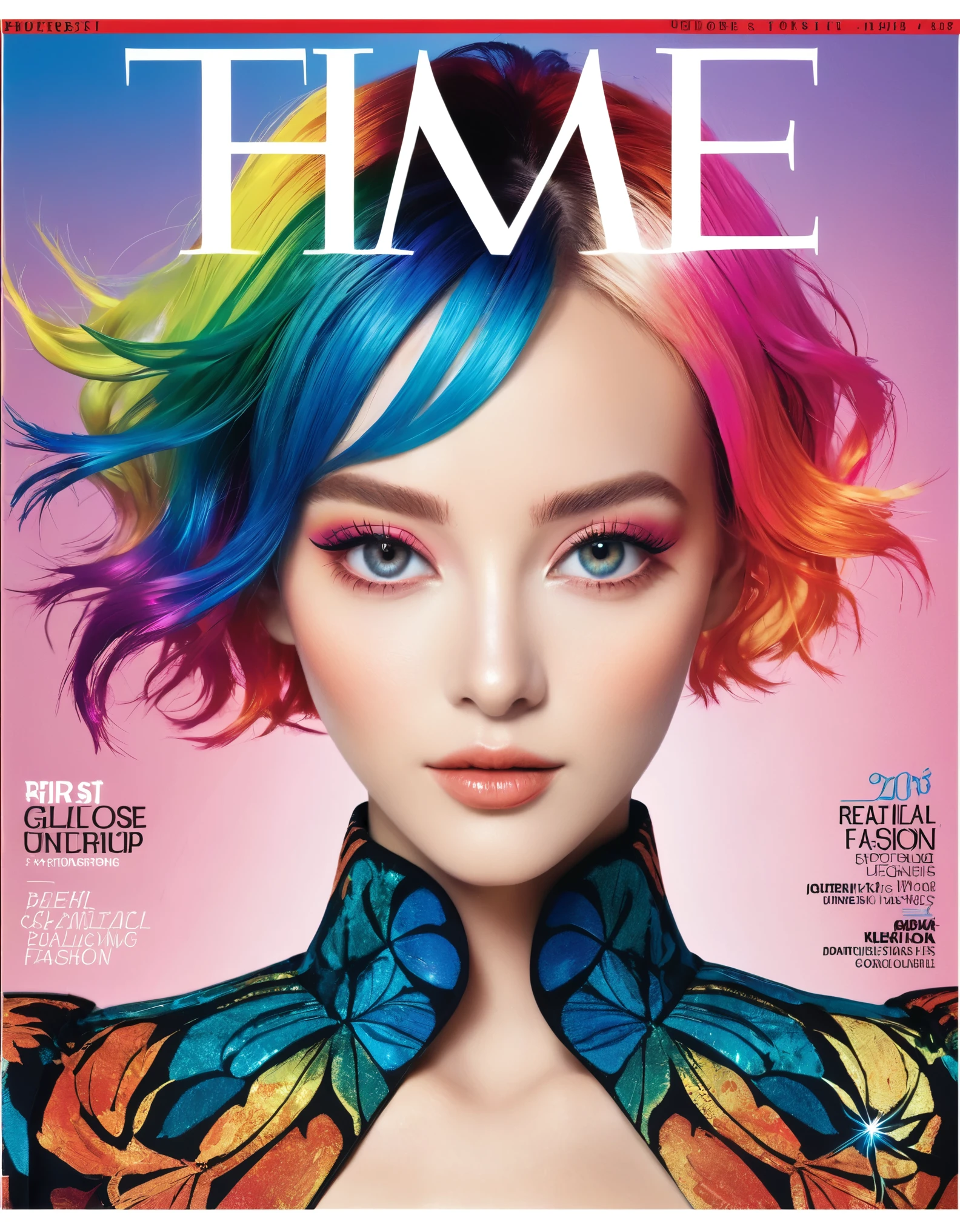 Magazine cover, esthetic, , (A girl with) vibrant colorful hair, Eye-catching pose, Star made up around right eye. Rockstar, stylish clothes, confident smile, Dynamic background, (Haute Couture),(realisti),(studio lighting), (best quality,4K,highres), (portrait), (best quality,4K,8k,highres,​masterpiece:1.2),Ultra-detail,(realisti,photorealisti,photo-realisti:1.37), glossy finish, bright colours, captivating design, Professional models,  Fashion Forward, Avant-garde style, innovative concepts, influential personalities, Trend-setting fashion, detailed articles, thought-provoking content, Modern lifestyle, cultural influence, timeless charm, stylish rockstar accessories, glamorous photo shoots, international appeal, Diverse perspectives, High-Fashion-Editorials, Exclusive interviews, first-class journalism, exquisite craftsmanship, visual storytelling, captivating cover story, captivating images, iconic fashion brands, Avantgardistisches Make-up, luxurious fabrics, elegant patterns, High quality printing, sophisticated layout, Trendprognose, inspiring pictures, breathtaking artistic direction, Required reading.