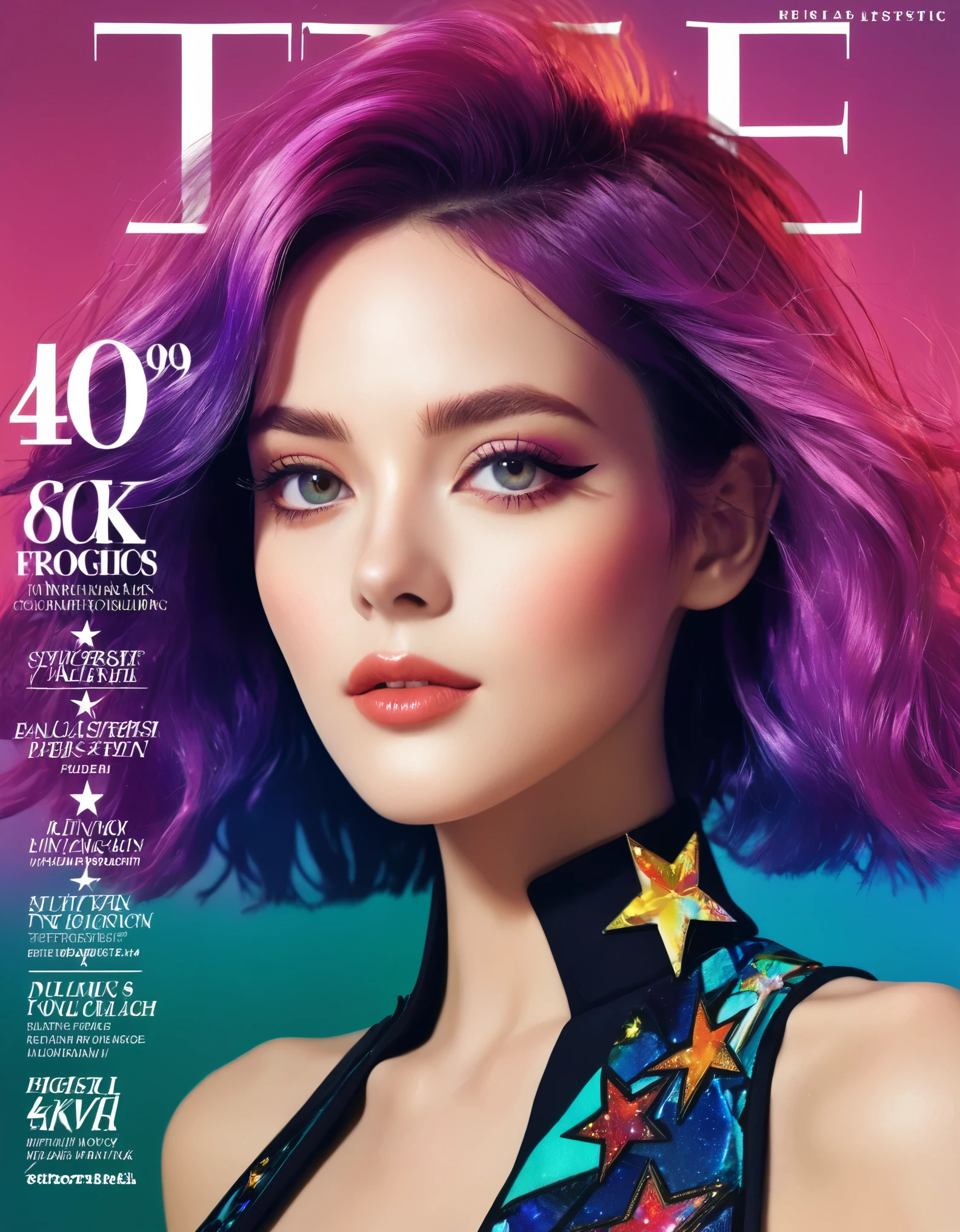 Magazine cover, esthetic, , (A girl with) vibrant colorful hair, Eye-catching pose, Star made up around right eye. Rockstar, stylish clothes, confident smile, Dynamic background, (Haute Couture),(realisti),(studio lighting), (best quality,4K,highres), (portrait), (best quality,4K,8k,highres,​masterpiece:1.2),Ultra-detail,(realisti,photorealisti,photo-realisti:1.37), glossy finish, bright colours, captivating design, Professional models,  Fashion Forward, Avant-garde style, innovative concepts, influential personalities, Trend-setting fashion, detailed articles, thought-provoking content, Modern lifestyle, cultural influence, timeless charm, stylish rockstar accessories, glamorous photo shoots, international appeal, Diverse perspectives, High-Fashion-Editorials, Exclusive interviews, first-class journalism, exquisite craftsmanship, visual storytelling, captivating cover story, captivating images, iconic fashion brands, Avantgardistisches Make-up, luxurious fabrics, elegant patterns, High quality printing, sophisticated layout, Trendprognose, inspiring pictures, breathtaking artistic direction, Required reading.