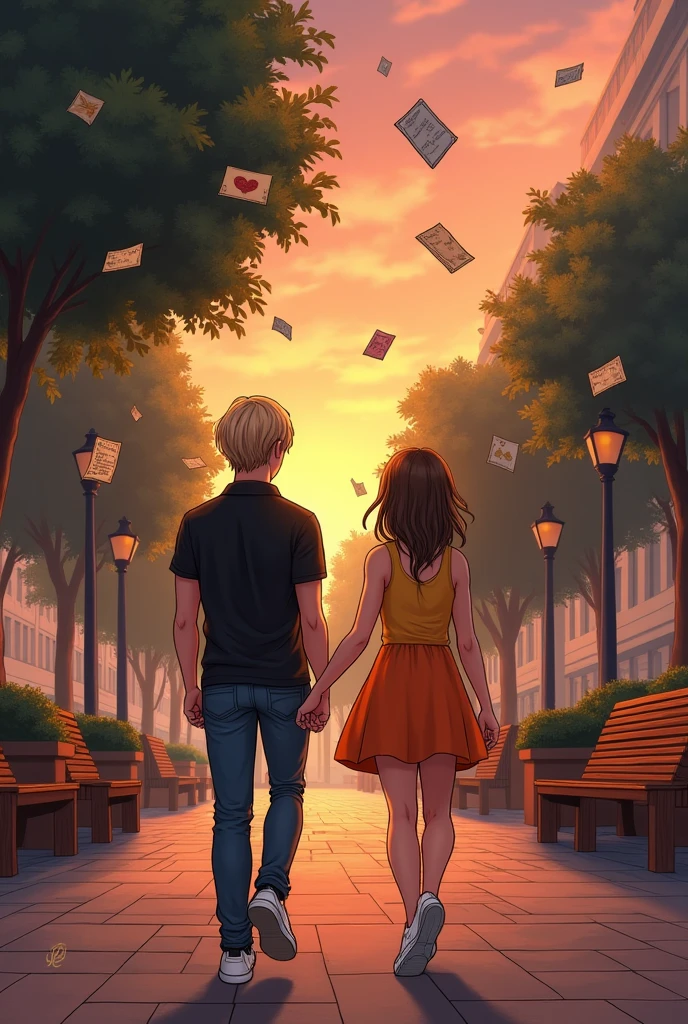 **Cover for the book "Come Back to Me":**
- **Scenario**: A square at dusk, with orange and pink tones in the sky, creating a romantic and nostalgic atmosphere. The square is serene, with wooden benches and trees, whose leaves begin to fall gently.
- **Personagens**:
- **Edward**: an 18 year old young man, with straight blonde hair, intense blue eyes and white skin. He is wearing a black polo shirt, jeans and sneakers branco. Edward tem 1,80m tall and is walking to the right of the image.
- **Deborah**: an 18-year-old girl, with straight blonde hair, that goes down to the middle of the back. your eyes are blue, and she is 1 tall,75m. She wears an orange evangelical style dress.. Deborah está andando ao lado de Edward, but in a position slightly behind him, as if it were further away in the scene.
- **Camila**: an 18-year-old girl, with light brown wavy hair, brown eyes and white skin. She wears a yellow tank top, jeans and sneakers. with 1,65m tall, Camila está andando na direção oposta a Edward, towards the left of the image.
- **Action**:
- **Edward e Deborah** are walking together, mas há uma distância emocional representada pela posição de Deborah mais ao fundo. Edward, Although, is looking at Camila with an expression of surprise and recognition, as if an old feeling was resurfacing.
- **Camila** está olhando para Edward com uma expressão de saudade e desejo, representing the desire to recover something that was lost.
- **Additional Elements**:
- **cards**: Várias cartas estão voando ao redor de Edward e Camila, symbolizing the failed attempts at communication in the past. The cards have an old look, with frayed edges, and some are partially open, as if they were revealing hidden secrets.
- **Colors and Style**: The color palette is dominated by warm evening tones., with a soft contrast between the colors of the characters' clothes