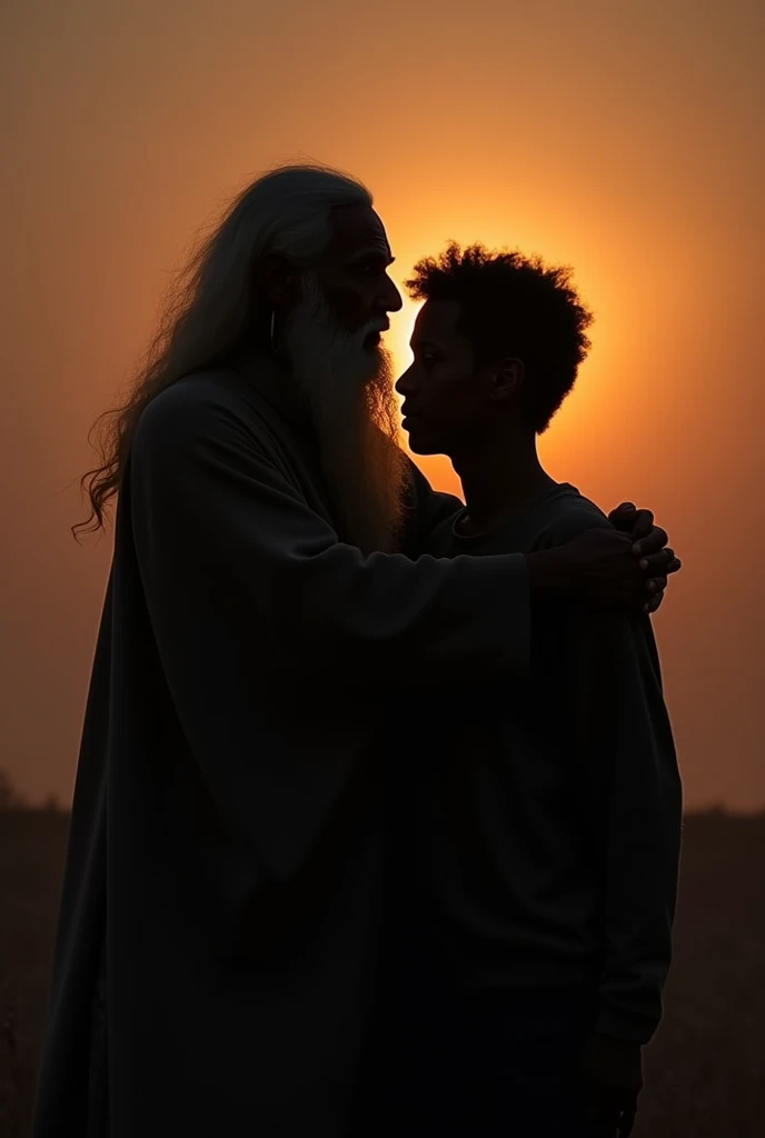 Silhouette of an elderly spirit, wise, hugging a young black man 