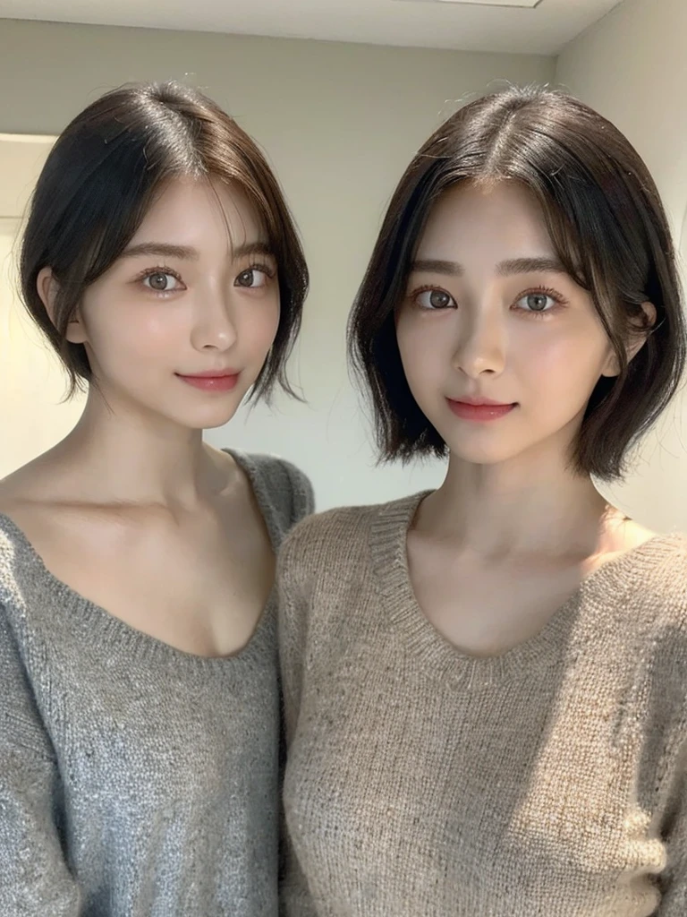(masterpiece:1.3), (8k, Photoreal, Raw photo, best image quality: 1.4), Japanese high school girl、(random hairstyle:1.2)、cleavage:1.5、super detail face、eye for details、double eyelid、chest to chest、sharp focus:1.2、Beautiful woman:1.4、light brown hair、highest quality、masterpiece、超A high resolution、(Photoreal:1.4)、Highly detailed and professionally lit smiles、loose and light knitwear、shoulder out、thin、serious expression、short haired、deadly position
similar identical twins
All the girls have the exact same face, The two have the same face and figure, as if they were mirror images.