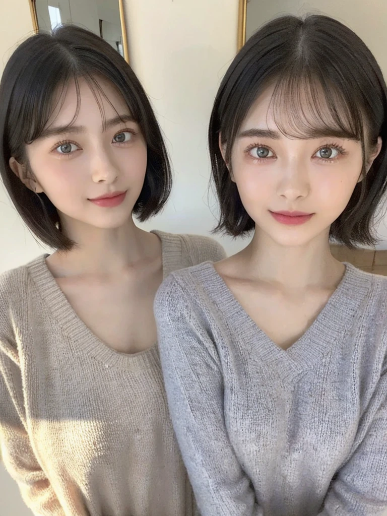 (masterpiece:1.3), (8k, Photoreal, Raw photo, best image quality: 1.4), Japanese high school girl、(random hairstyle:1.2)、cleavage:1.5、super detail face、eye for details、double eyelid、chest to chest、sharp focus:1.2、Beautiful woman:1.4、light brown hair、highest quality、masterpiece、超A high resolution、(Photoreal:1.4)、Highly detailed and professionally lit smiles、loose and light knitwear、shoulder out、thin、serious expression、short haired、deadly position
similar identical twins
All the girls have the exact same face, The two have the same face and figure, as if they were mirror images.