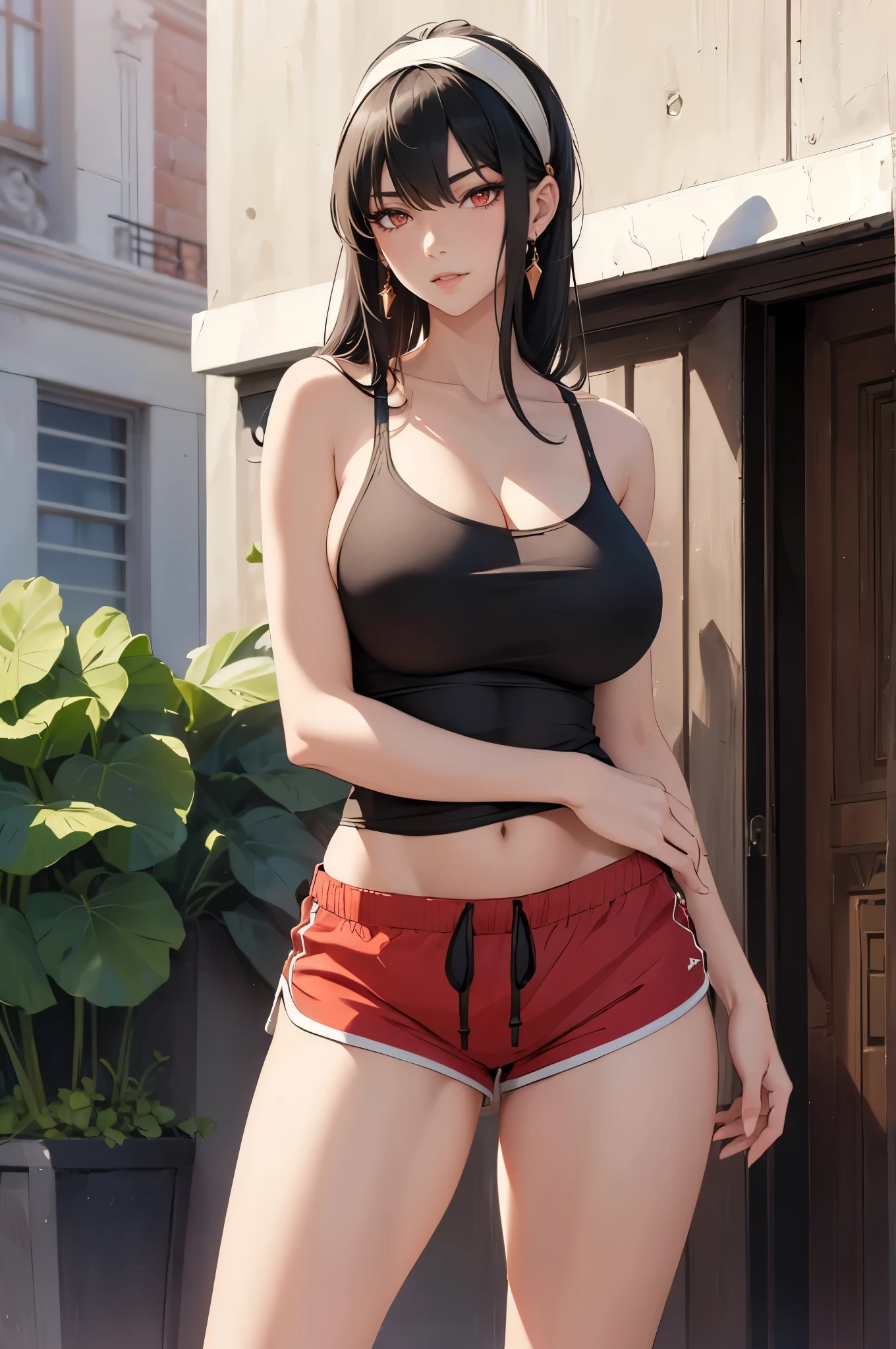 ((1girl, solo)), yor briar, (large breasts:1.5), beautiful body, (perfect anatomy, perfect body, perfect hands, perfect legs), nice hands, natural proportions, sexy body, standing, cowboy shot BREAK 

((extremely detailed face)), (red eyes:1.5), (beautiful detailed eyes:1.6), (realistic pupils, realistic iris:1), expressive eyes, looking at viewer, (clear eyes:1.3), (hyperrealistic:1.2), (detailed skin texture:1.2), smooth skin, black hair, sidelocks, long hair, white hairband, (detailed lips:1.2), (attractive lips:1.1), (glossy lips:1.1), perfect face, perfect eyes, gold earrings BREAK

black tank top, camisole, collarbone, cleavage, covered nipples, bare shoulders, midriff peek, navel, ((dolphin shorts)), (short shorts:1.5), (red shorts:1.4), (black drawstring:1.3), (skin tight:1.5),  ((thick thighs)) BREAK

(masterpiece:1.5), anime-style, top quality, best quality, (beautiful and aesthetic:1.2), (ultra detail:1.5), Ultra-detailed depiction, Ultra-precise depiction, extremely detailed 8k illustration, high resolution, (highly detailed shading:1.2), (realistic lighting:1.4), perfect lighting, vibrant colors, dynamic tones, striking hues, 8k, absurd resolution, perfect shadows, hdr, UHD, ambient lighting, realistic, ultra-realistic, photo realistic, highly detailed, rich detail, luminous colors, fine texture, intricate design, professional illustration, (soft light:1.2), (illustration:0.7)