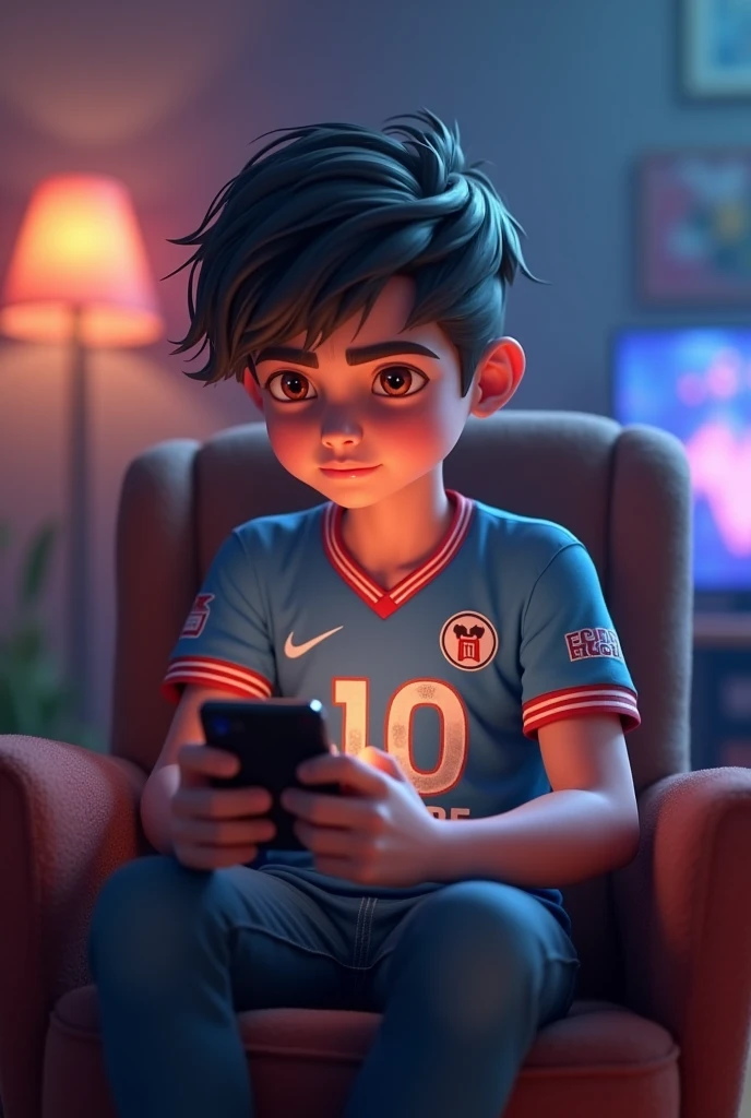 create 3D animation character 25 Year oid bay is playing puba Mobile Game Mobile in gaming room. wearing  a Jersey number 10 Name "EMON" written on his jersey