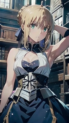 (The highest image quality, master piece:1.2), (Ultra Definition Illustration), BREAK, (Saber Artoria Pendragon of Fate Stay Night as a princess:1.3), (1 girl:1.2), BREAK, Solo, (imperious look:1.3), Full body, Round baby face, (Blonde Hair:1.2), BREAK, (sleeveless very low cut short dress, open shirt, showing armpits), (bare thighs), (short hem), (bare shoulders, bare arms), (gorgeous royal dress:1.3), BREAK, Luxurious palace rooms, Fancy Room, Beautiful legs,