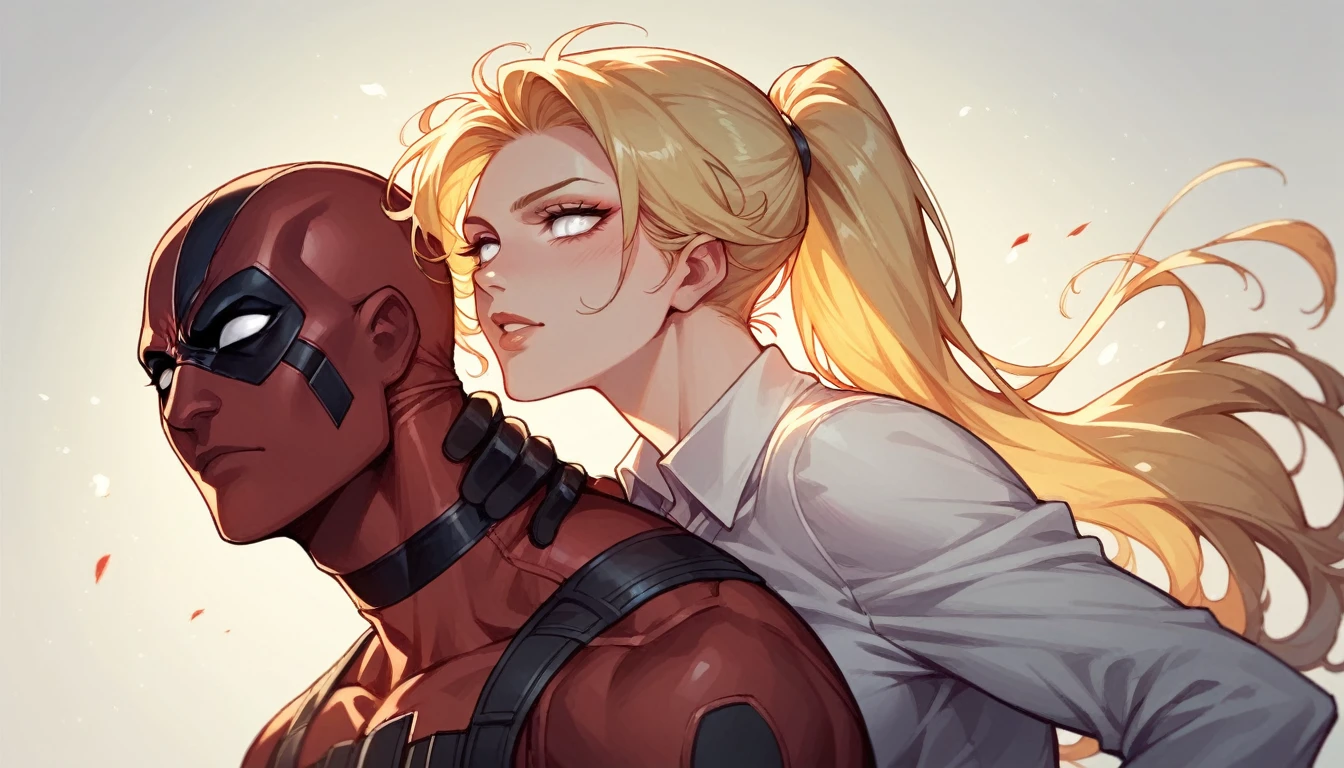 female deadpool. suit, mask, blonde ponytail, big boobs, sexy. epic lighting, harte schatten, hoher kontrast.  white eyes