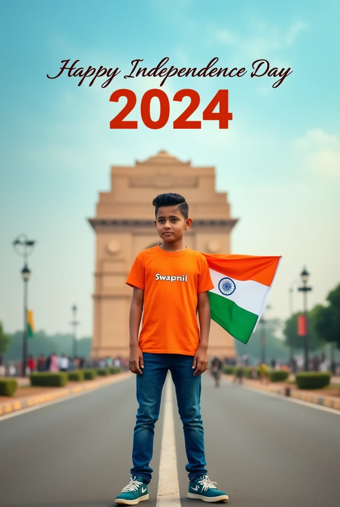 A real 20 years old boy, Wearing Orange T shirt blue jeans sneakers and the name "Swapnil" is written on his t-shirt and the boy is standing on the road with holding a national flag of India, and behind him is the India gate Delhi. And "Happy Independence Day 2024" written at above sky Create Realistic image high quality.