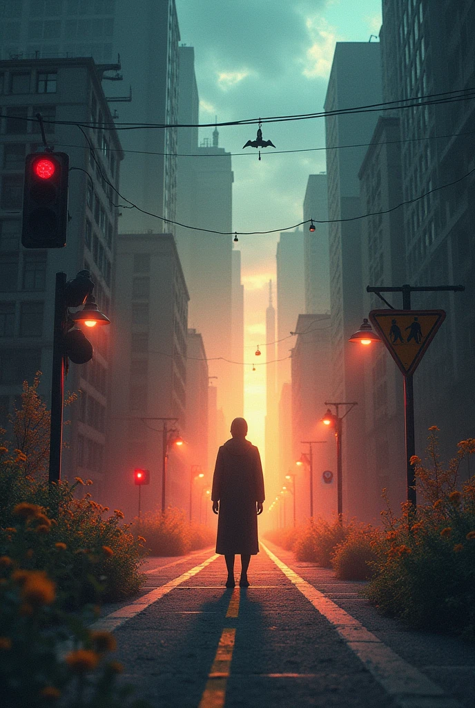 a scene where a person is standing at a crossroads, facing two roads. The left path is full of warning signs, Red lights and hazard symbols, while the path on the right is illuminated with warm colors, flowers and symbols of well-being. In this picture, the environment and the signs represent logic and analysis, while the glow of the heart symbolizes the intuition and emotions that guide the decision.