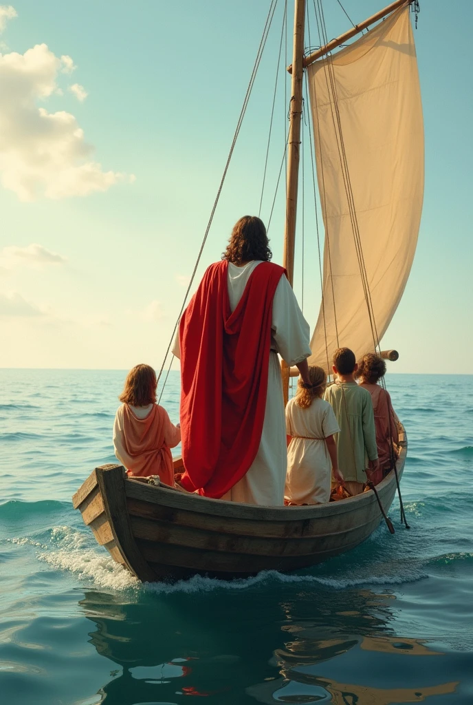 Jesus Christ dressed in red and white with his back to the sea in a boat sailing with boys and girls dressed