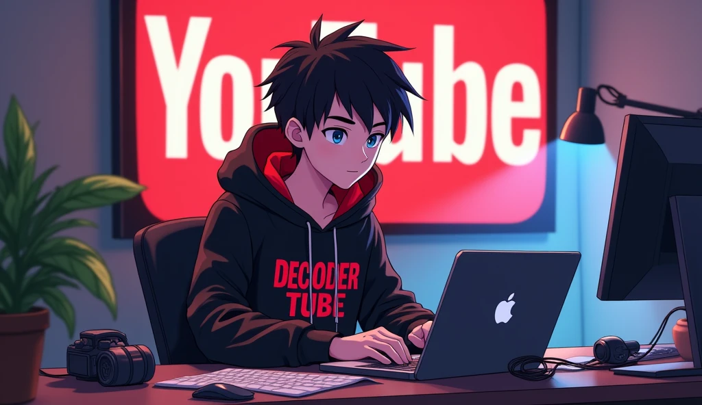 Create a image of "A 18 years anime boy sitting in front of a computer desk with a microphone and laptop, wearing black and red hoodie with the Channel Name on it "DECODER TUBE". The background includes a large YouTube logo on the wall, potted plants on either side, and various recording equipment."