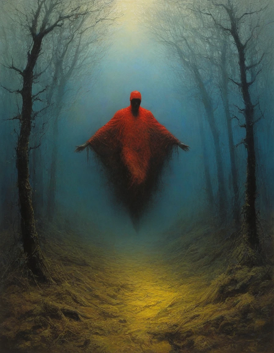 by zdzislaw beksinski,  ( 3rd person view but extremely beautiful:1.4), (masterpiece, best quality:1.4) , in the style of nicola samori, flying soul leaving man's body on ground , intricately detailed , dark forest , grass, 1982 dark fantasy, gritty textured, volumetric lighting, bioluminescent, chalky yellow, devil red, dusty blue