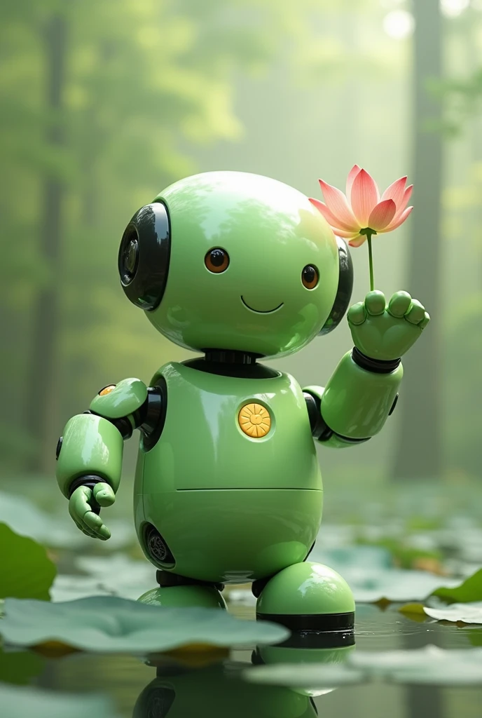 Light green chubby friendly robot with a lotus flower in the palm of its open hand looking straight ahead