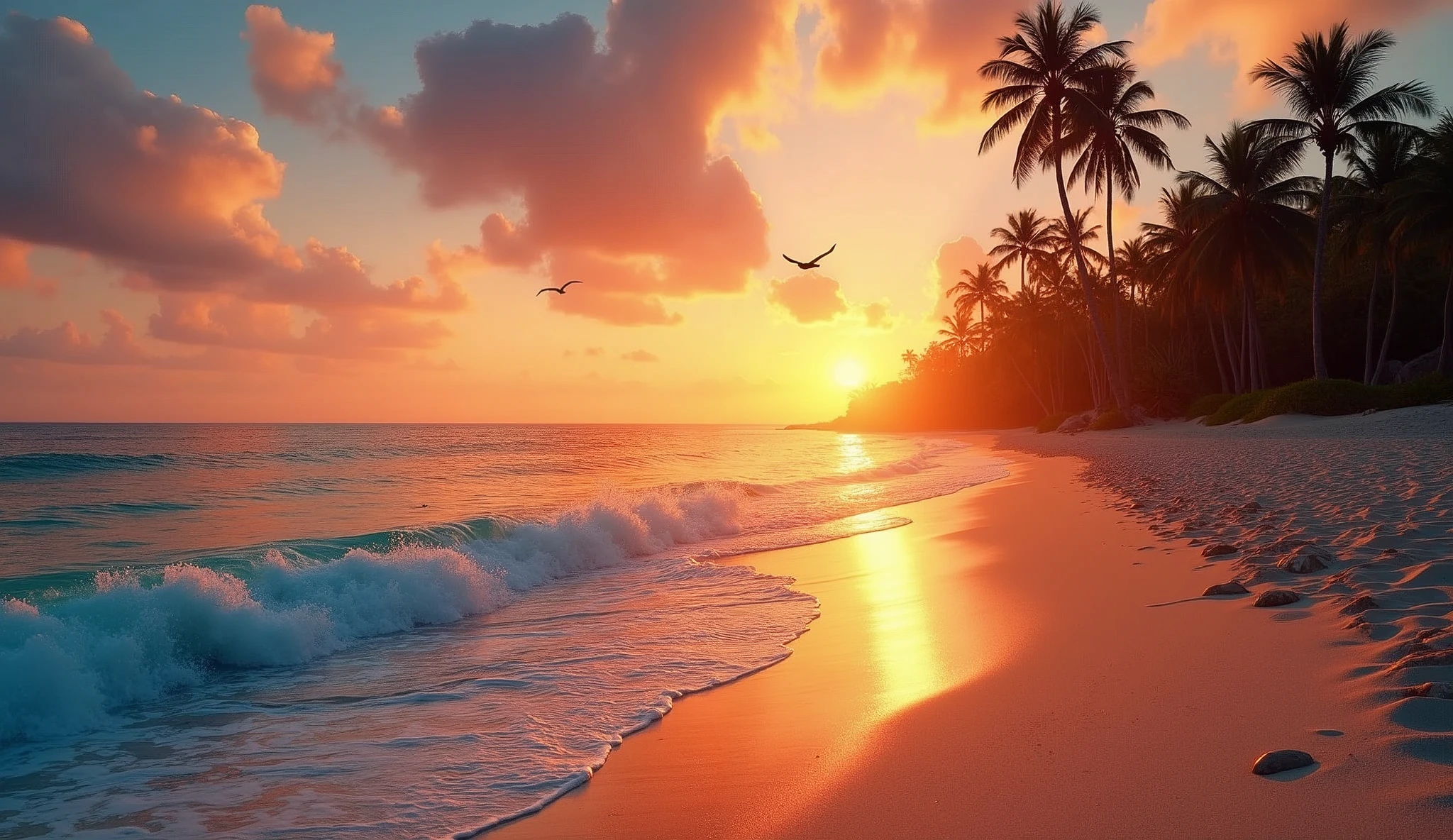 An absolutely mesmerizing sunset on the beach with a mix of orange, red, pink and yellow in the sky. The water is crystal clear, gently kissing the shore, and the sandy beach is endless. The scene is dynamic and breathtaking, with seagulls soaring high in the air and palm trees gently swaying. Immerse yourself in the calm atmosphere and let the tranquil surroundings surround you.