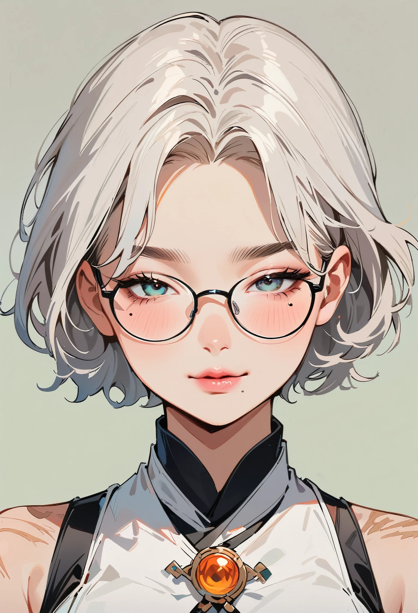 (masterpiece, best quality:1.4), 1 girl, 独奏, Anime style, Dark gray pupils, Blurred eyes, Pouting and smiling, Head slightly down, Black-rimmed glasses, Large scars on the face, Large scars, Right tear mole, Gray bald head,, Super short hair, Simple accessories, Styles of Top Portrait Artists, large breasts, White vest, White air coming out of mouth, Vision, Gray background.