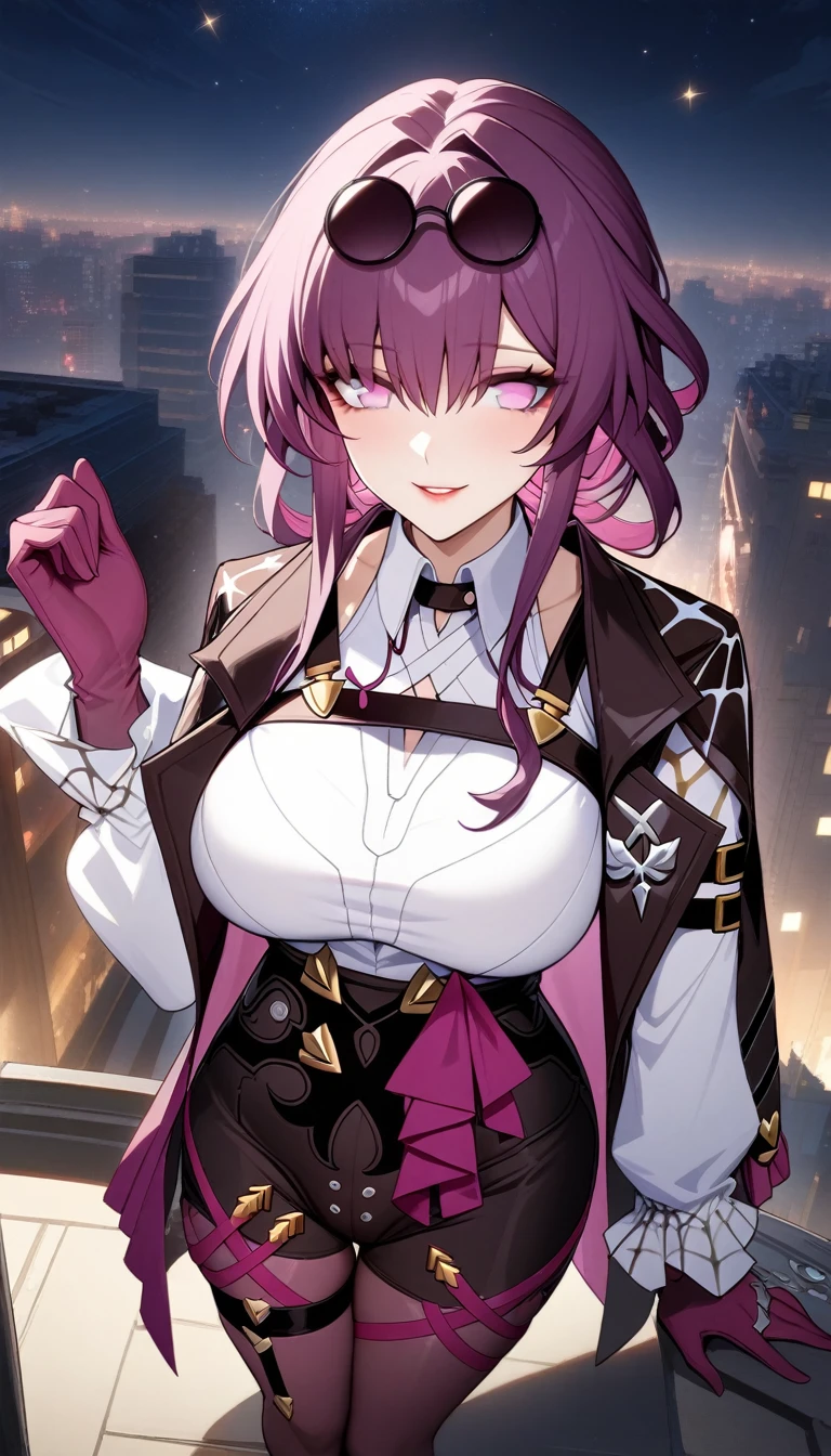 masterpiece, Best Quality, very aesthetic, absurdities, 1 girl, maduro_Agitate,,1 girl, Kafka \(Honkai: star rail\), Honkai \(series\), purple hair, glasses on head, old, purple eyes, by the wide, shirt, gloves, large old, white shirt, Sunglasses,On the roof of a tall building,Frontground of sparkling stardust,fancy,sparkling,Fireflies,from above