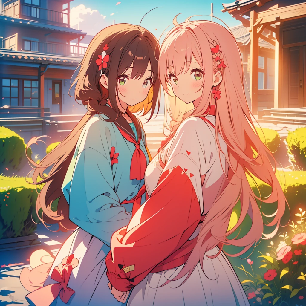 kawaii, anime, Cute, hyper quality, highly detailed, 8k, Clarity, Draw facial expressions in detail, A young girl with short light pink hair and scarlet eyes., swiss plateau, alps mountains, rainbow, daytime, clear sky, Girl with long dark brown hair and green eyes, good friends, marriage, smile, (Let me stay by your side for the rest of my life, stay by my side for the rest of my life, and do my best to never leave you), confession, hoodie,