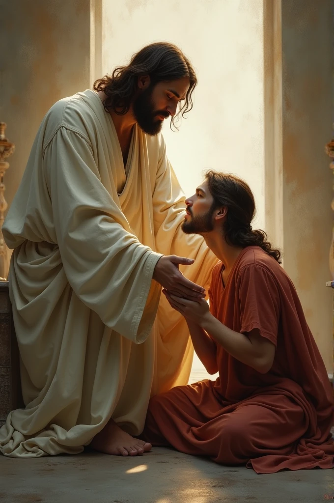 Jesus christ blessing holding a crying man
