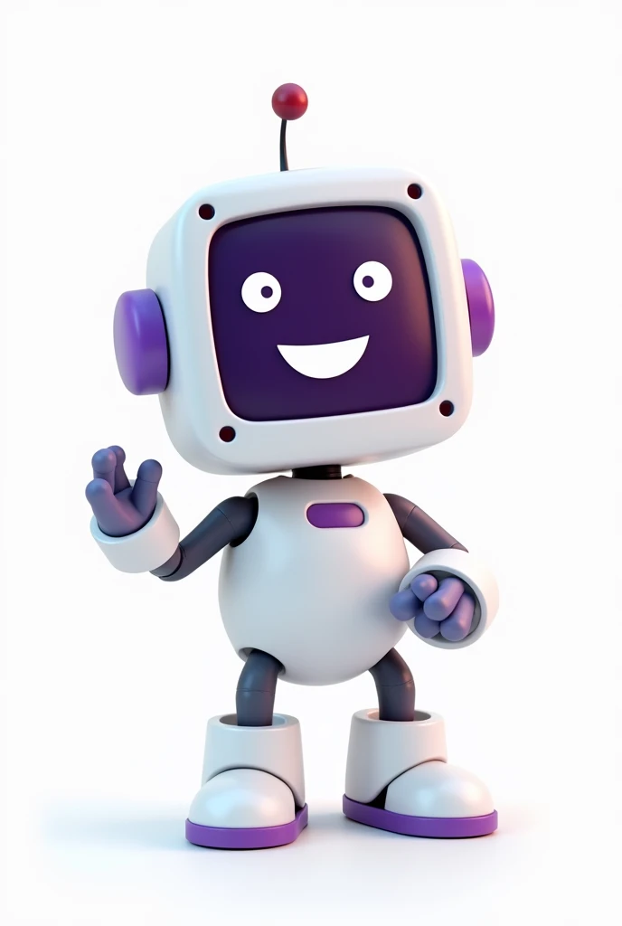 cute white and purple robot, with square head and antennas, smiling and giving thumbs up in 3d cartoon shape transparent background
