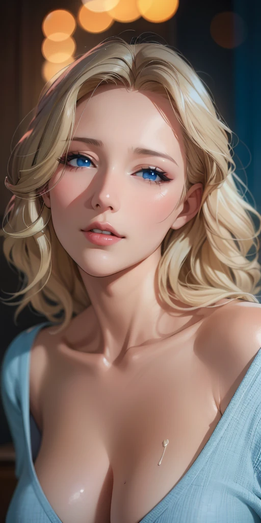 Elegant mature woman, milf, blue eyes, blonde hair, bangs, soft light, 4k resolution, high quality, beautiful cg