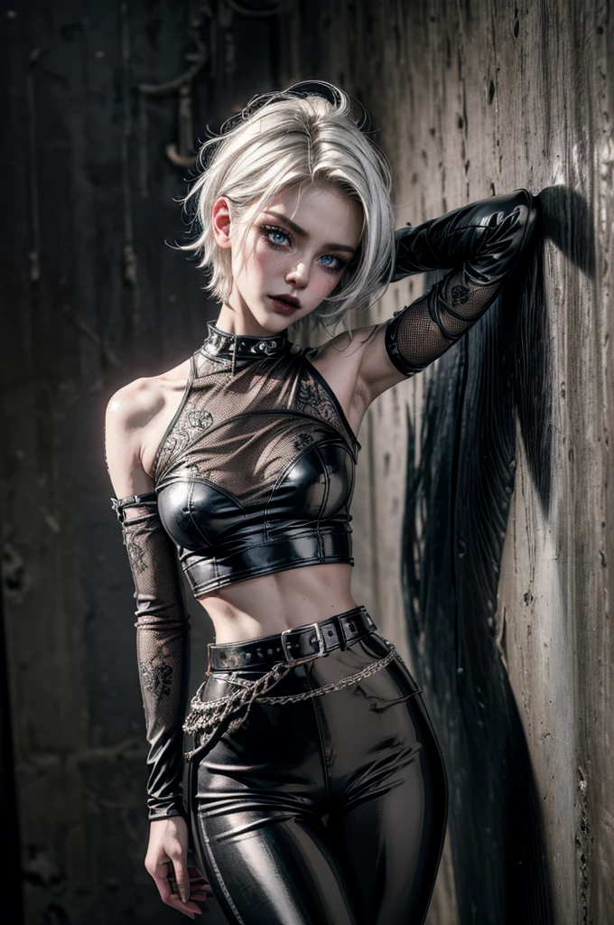 (Detailed illustrations, Very detailed and detailed drawing, Delicate lines with slow and rapid, Realistic texture expression), One woman with very short white hair with black tips, ( emo hairstyle, ), goth, pale white skin, evil smirk, (girls bedroom background), dark lighting, cold atmosphere, lore_Emma , blue eyes , dark eyeliner, (ultra dark glossy black lipstick), bored expression, gorgeous face , super cute, 18 years old , hyper detailed face, (super skinny figure , small breast, thin waist), back leaning against wall, one raised arm behind head, slim legs, slim hips, LowriseXL, (ultra low rise wet look shiny leather pants with transparent flower pattern), (mesh shirt with flower pattern under bare shoulder white t-shirt), black choker, vulva tattoo, (white lotus flower in hair), ((flower pattern tattoo)), fingerless leather gloves, (black nail polish), faded tattoo's, ((thigh belt)), ((hip chains)), ((belt hanging on hip)), ((many studded belts))