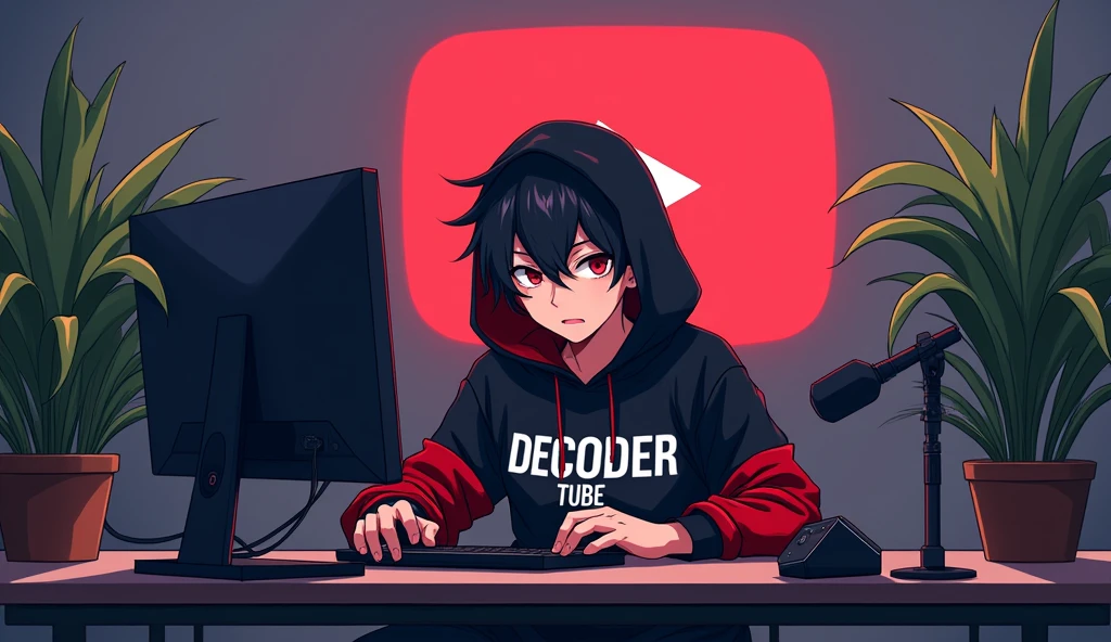 Create a image of "A 18 years anime boy sitting in front of a computer desk with a microphone and laptop, wearing black and red hoodie with the Channel Name on it "DECODER TUBE". The background includes a large YouTube logo on the wall, potted plants on either side, and various recording equipment."