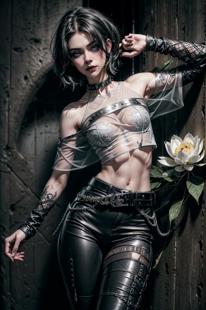 (Detailed illustrations, Very detailed and detailed drawing, Delicate lines with slow and rapid, Realistic texture expression), One woman with very short white hair with black tips, ( emo hairstyle, ), goth, pale white skin, evil smirk, (girls bedroom background), dark lighting, cold atmosphere, lore_Emma , blue eyes , dark eyeliner, (ultra dark glossy black lipstick), bored expression, gorgeous face , super cute, 18 years old , hyper detailed face, (super skinny figure , small breast, thin waist), back leaning against wall, one raised arm behind head, slim legs, slim hips, LowriseXL, (ultra low rise wet look shiny leather pants with transparent flower pattern), (mesh shirt with flower pattern under bare shoulder white t-shirt), black choker, vulva tattoo, (white lotus flower in hair), ((flower pattern tattoo)), fingerless leather gloves, (black nail polish), faded tattoo's, ((thigh belt)), ((hip chains)), ((belt hanging on hip)), ((many studded belts))