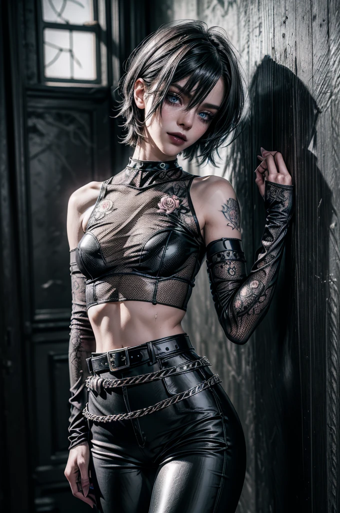 (Detailed illustrations, Very detailed and detailed drawing, Delicate lines with slow and rapid, Realistic texture expression), One woman with very short white hair with black tips, ( emo hairstyle, ), goth, pale white skin, evil smirk, (girls bedroom background), dark lighting, cold atmosphere, lore_Emma , blue eyes , dark eyeliner, (ultra dark glossy black lipstick), bored expression, gorgeous face , super cute, 18 years old , hyper detailed face, (super skinny figure , small breast, thin waist), back leaning against wall, one raised arm behind head, slim legs, slim hips, LowriseXL, (ultra low rise wet look shiny leather pants with transparent flower pattern), (mesh shirt with flower pattern under bare shoulder white t-shirt), black choker, vulva tattoo, (white lotus flower in hair), ((flower pattern tattoo)), fingerless leather gloves, (black nail polish), faded tattoo's, ((thigh belt)), ((hip chains)), ((belt hanging on hip)), ((many studded belts))