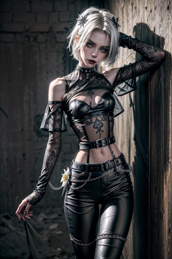 (Detailed illustrations, Very detailed and detailed drawing, Delicate lines with slow and rapid, Realistic texture expression), One woman with very short white hair with black tips, ( emo hairstyle, ), goth, pale white skin, evil smirk, (girls bedroom background), dark lighting, cold atmosphere, lore_Emma , blue eyes , dark eyeliner, (ultra dark glossy black lipstick), bored expression, gorgeous face , super cute, 18 years old , hyper detailed face, (super skinny figure , small breast, thin waist), back leaning against wall, one raised arm behind head, slim legs, slim hips, LowriseXL, (ultra low rise wet look shiny leather pants with transparent flower pattern), (mesh shirt with flower pattern under bare shoulder white t-shirt), black choker, vulva tattoo, (white lotus flower in hair), ((flower pattern tattoo)), fingerless leather gloves, (black nail polish), faded tattoo's, ((thigh belt)), ((hip chains)), ((belt hanging on hip)), ((many studded belts))