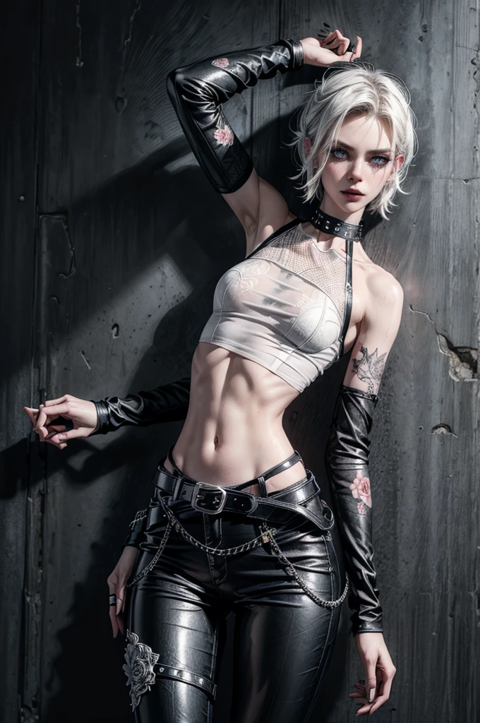 (Detailed illustrations, Very detailed and detailed drawing, Delicate lines with slow and rapid, Realistic texture expression), One woman with very short white hair with black tips, ( emo hairstyle, ), goth, pale white skin, evil smirk, (girls bedroom background), dark lighting, cold atmosphere, lore_Emma , blue eyes , dark eyeliner, (ultra dark glossy black lipstick), bored expression, gorgeous face , super cute, 18 years old , hyper detailed face, (super skinny figure , small breast, thin waist), back leaning against wall, one raised arm behind head, slim legs, slim hips, LowriseXL, (ultra low rise wet look shiny leather pants with transparent flower pattern), (mesh shirt with flower pattern under bare shoulder white t-shirt), black choker, vulva tattoo, (white lotus flower in hair), ((flower pattern tattoo)), fingerless leather gloves, (black nail polish), faded tattoo's, ((thigh belt)), ((hip chains)), ((belt hanging on hip)), ((many studded belts))