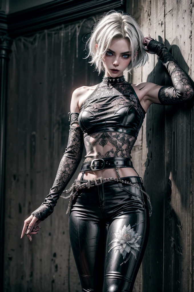 (Detailed illustrations, Very detailed and detailed drawing, Delicate lines with slow and rapid, Realistic texture expression), One woman with very short white hair with black tips, ( emo hairstyle, ), goth, pale white skin, evil smirk, (girls bedroom background), dark lighting, cold atmosphere, lore_Emma , blue eyes , dark eyeliner, (ultra dark glossy black lipstick), bored expression, gorgeous face , super cute, 18 years old , hyper detailed face, (super skinny figure , small breast, thin waist), back leaning against wall, one raised arm behind head, slim legs, slim hips, LowriseXL, (ultra low rise wet look shiny leather pants with transparent flower pattern), (mesh shirt with flower pattern under bare shoulder white t-shirt), black choker, vulva tattoo, (white lotus flower in hair), ((flower pattern tattoo)), fingerless leather gloves, (black nail polish), faded tattoo's, ((thigh belt)), ((hip chains)), ((belt hanging on hip)), ((many studded belts))