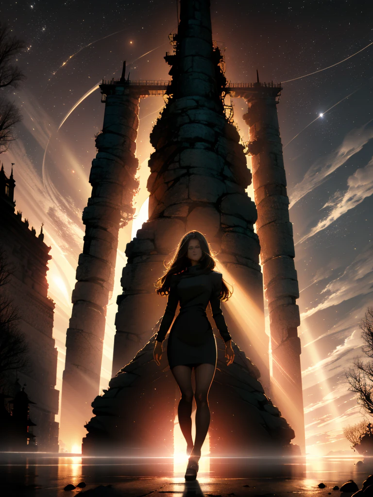 Girl with long white hair down to her waist, with small red details, red eyes, long black dress with a leg slit, with red details, long black boots up to below the knees, white skin, the ground around her is cracking and small stones are floating around her surrounded by a black aura, she is surrounded by shadows, and the background is dark like the night with the universe and stars, her presence causes fear, her shadow appears to be a monster, 8k, high quality, full body, (ultra-realistic), {extremely detailed 8k CG unit wallpaper}, expansive landscape photograph, (light: 2.0), (warm light source: 1.5), complex details, (iridescent colors: 1.5), (bright lighting), (atmospheric lighting), surreal, impressive, fantasy, (Solo: 1.2), White moon