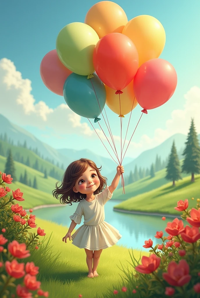 Create a picture of a girl holding balloons in her hands, red flowers and beautiful landscaping in background 