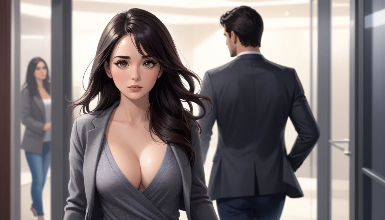 y woman going away, and a dark hair man looking at her leaving because they just breakup