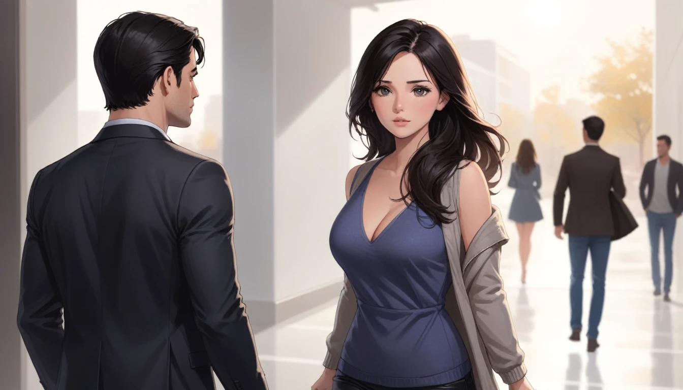 Sexy woman going away, and a dark hair man looking at her leaving because they just breakup