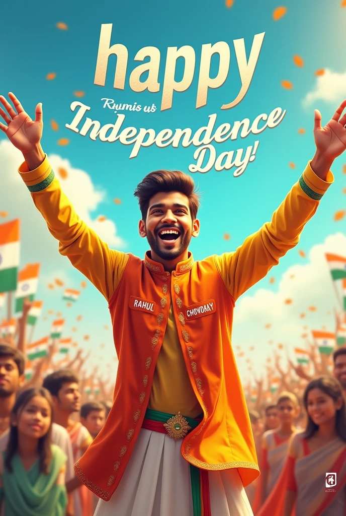 "Generate a real-life image of 21-year-old boy joyfully celebrating Indian independence day. The individual is dressed in Indian traditional Indian attire with the name 'RAHUL CHOWDARY' prominently displayed on their clothing. The sky above them features the words 'happy independence day' in bold font. The background is alive creating a vibrant and patriotic atmosphere."