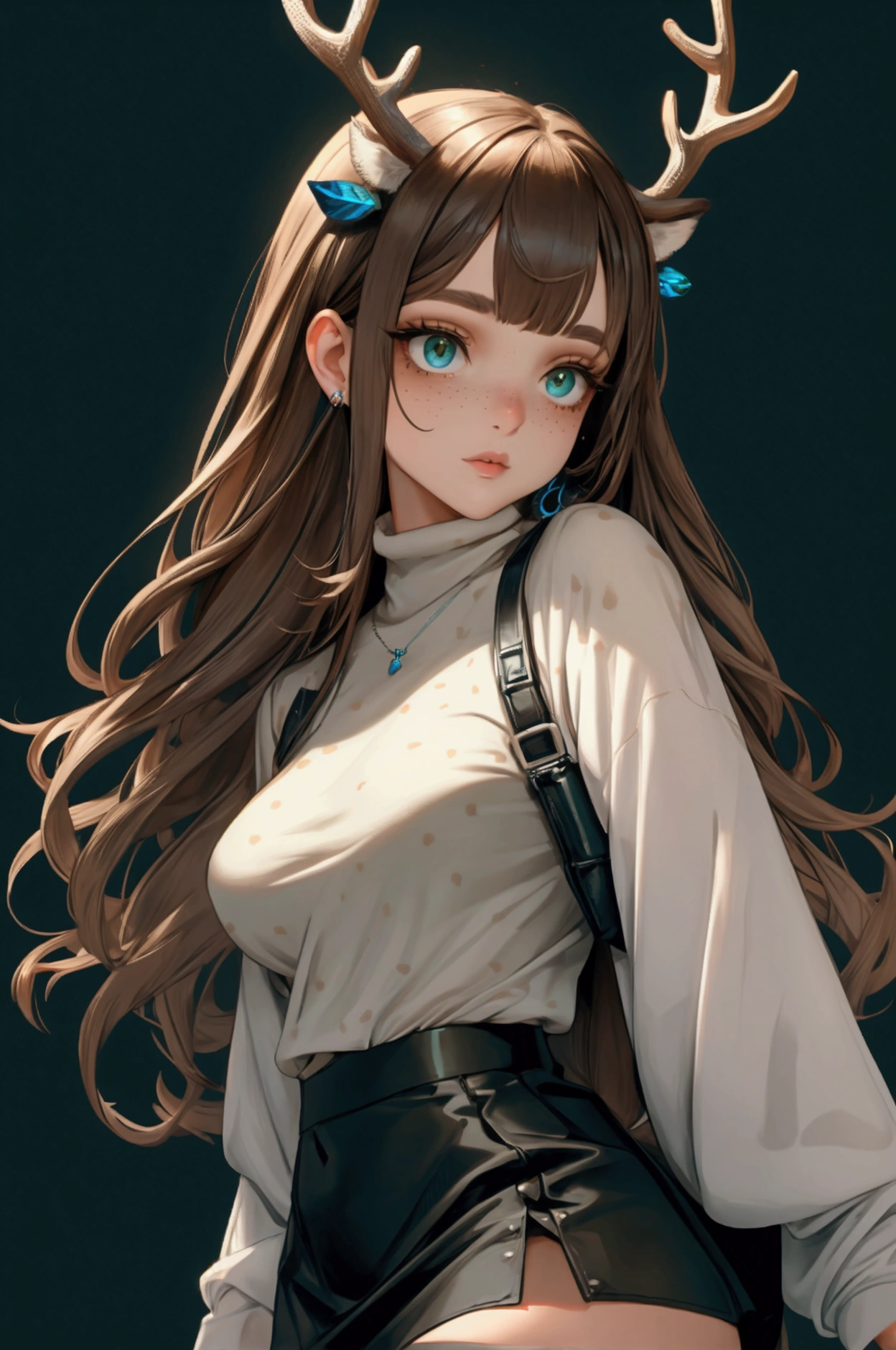 A deer girl, she has antlers, as well as deer ears, she has very fair hair skin but with white freckles. She has long muted brown hair with a mute blue-ish green. She is very beautiful and has modern looking clothing. She is a women with medium breast, but wears a fairly modest black sweater with a white miniskirt, black stockings and white sneakers with silver and blue jewelry. 4k resolution, beautiful girl. Wearing eyeliner and mascara