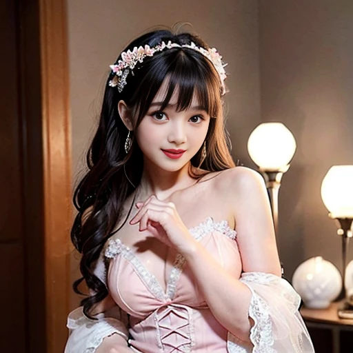 best quality, Delicate face，beautiful visual work, lifelike,  eternity, black hair, Long curly hair, blunt bangs, Smile, Detailed Background,  Delicate face，pink blush，cold，((masterpiece))、(top quality)、8k、high detail、Super detailed，31 years old female，Wearing ****ta dress、Seductive and whimsical style、masterpiece、born、Scenes resembling fairy tale illustrations、Intricate details and complex designs、Beautifully、magic、capricious、 Beautifully、Dream aesthetics、「𝓡𝓸𝓶𝓪𝓷𝓽𝓲𝓬、ethereal、charming、fickle、magic」、Realism、Visual effects、FXAA、SSAO、Shaders、voiceless、ambient lighting、Tone mapping、High resolution、Ultra high quality、Million pixels、(8K resolution:1.10)、8k、Below 8K、8K resolution、high detail、intricate details， (high quality:1.2、masterpiece:1.2、:1.21)、(31 years old female:1.21)、(Smile excitedly)、(Surrounded by the dreamy atmosphere、Model diagram，full-body shot，Normal 2 feet，Don't show your fingers，pink dress, lots of lace,layered dress