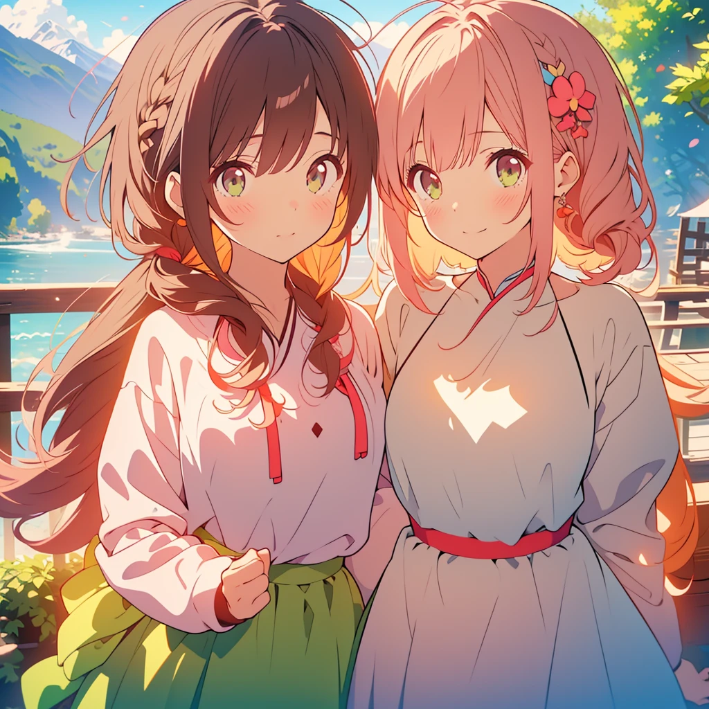 kawaii, anime, Cute, hyper quality, highly detailed, 8k, Clarity, Draw facial expressions in detail, A young girl with short light pink hair and scarlet eyes., swiss plateau, alps mountains, rainbow, daytime, clear sky, Girl with long dark brown hair and green eyes, good friends, marriage, smile, (Let me stay by your side for the rest of my life, stay by my side for the rest of my life, and do my best to never leave you), confession, hoodie, kiss,