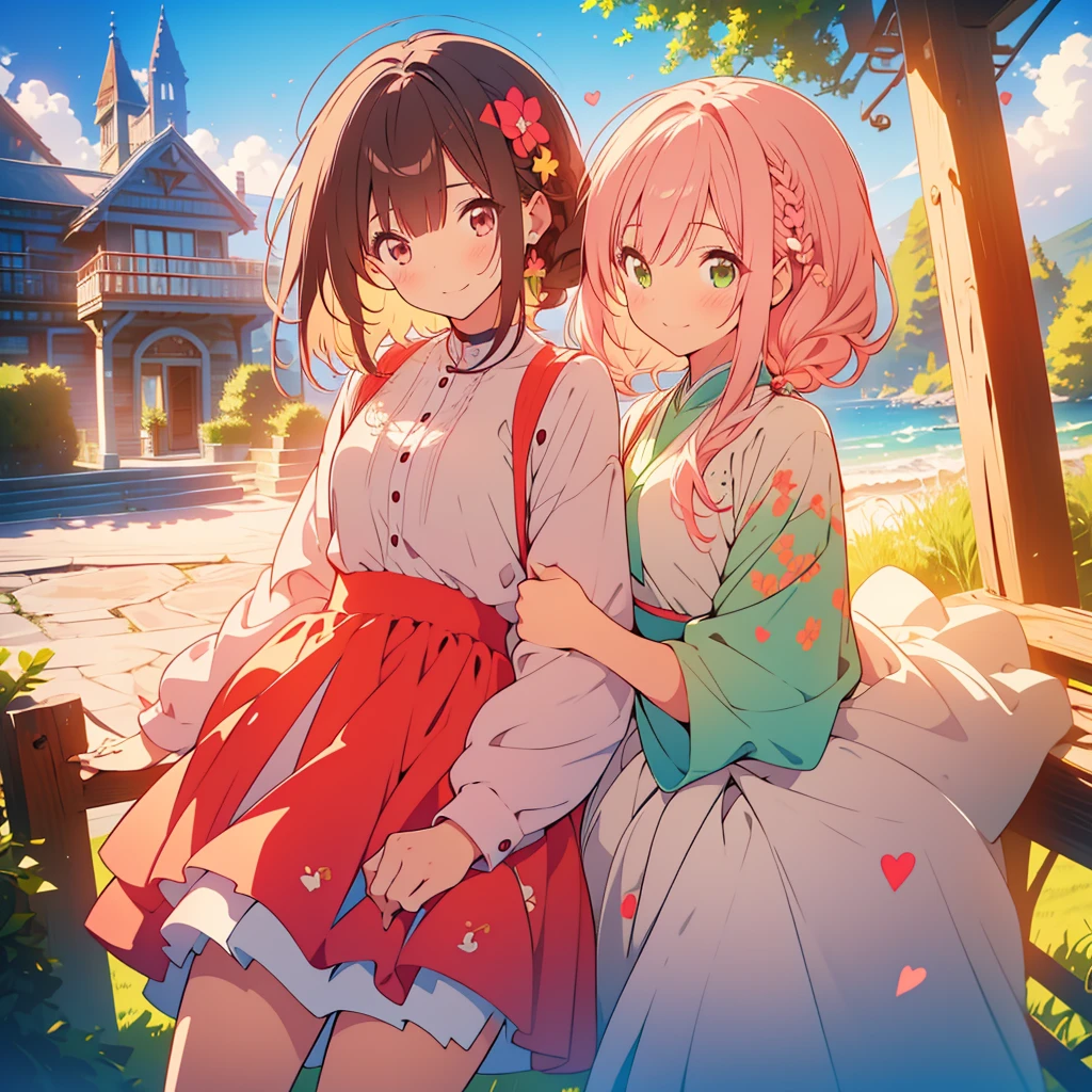 kawaii, anime, Cute, hyper quality, highly detailed, 8k, Clarity, Draw facial expressions in detail, A young girl with short light pink hair and scarlet eyes., swiss plateau, alps mountains, rainbow, daytime, clear sky, Girl with long dark brown hair and green eyes, good friends, marriage, smile, (Let me stay by your side for the rest of my life, stay by my side for the rest of my life, and do my best to never leave you), confession, hoodie, kiss,