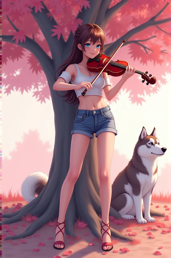 One gorgeous girl sitting below the tree and she playing violin and one husky dog is listings that  voice atmosphere is fully peaceful and the colour of nature is pinkish that girl's eyes are blue and her hair is stylish broun and she were charismatic shorts and she also were whole heels. 