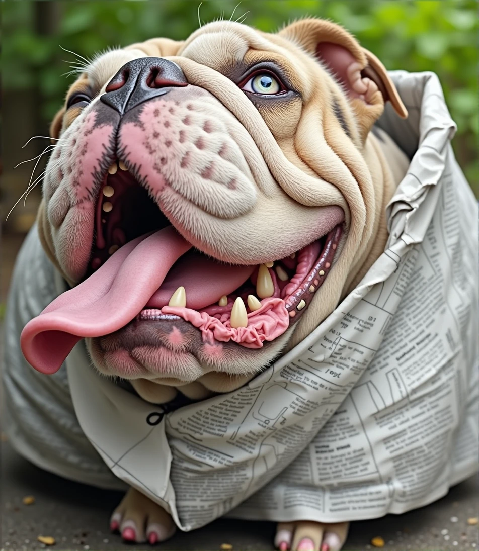 Generate me an English bulldog with light blue eyes, living on the streets as a homeless person, covered with newspapers
