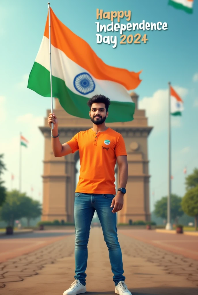 A real 30 years old boy with beard, Wearing Orange T shirt blue jeans sneakers and the name "Swapnil" is written on his t-shirt and the boy is standing on the road with holding a national flag of India, and behind him is the India gate Delhi. And "Happy Independence Day 2024" written at above sky Create Realistic image high quality.