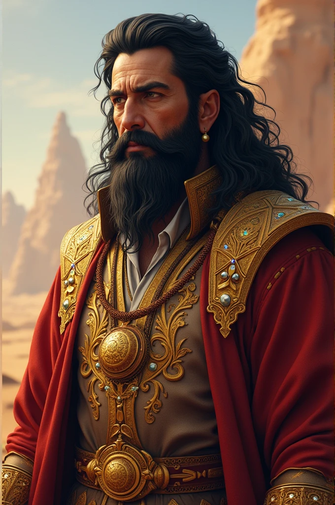 King Kahraman** Of Saranda, he has black hair and an elaborate beard. His eyes sparkle with wisdom as he wears a robe of gold and red with gems. His kingdom is rich in resources that are rare in the desert.