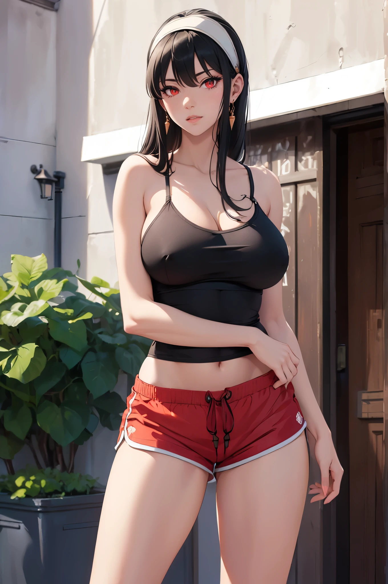 ((1girl, solo)), yor briar, (large breasts:1.5), beautiful body, (perfect anatomy, perfect body, perfect hands, perfect legs), nice hands, natural proportions, sexy body, standing, cowboy shot BREAK
((extremely detailed face)), (red eyes:1.5), (beautiful detailed eyes:1.6), (realistic pupils, realistic iris:1), expressive eyes, looking at viewer, (clear eyes:1.3), (hyperrealistic:1.2), (detailed skin texture:1.2), smooth skin, black hair, sidelocks, long hair, white hairband, (detailed lips:1.2), (attractive lips:1.1), (glossy lips:1.1), perfect face, perfect eyes, gold earrings BREAK
black tank top, camisole, collarbone, cleavage, covered nipples, bare shoulders, midriff peek, navel, ((dolphin shorts)), (short shorts:1.5), (red shorts:1.4), (black drawstring:1.3), (skin tight:1.5), ((thick thighs)) BREAK
(masterpiece:1.5), anime-style, top quality, best quality, (beautiful and aesthetic:1.2), (ultra detail:1.5), Ultra-detailed depiction, Ultra-precise depiction, extremely detailed 8k illustration, high resolution, (highly detailed shading:1.2), (realistic lighting:1.4), perfect lighting, vibrant colors, dynamic tones, striking hues, 8k, absurd resolution, perfect shadows, hdr, UHD, ambient lighting, realistic, ultra-realistic, photo realistic, highly detailed, rich detail, luminous colors, fine texture, intricate design, professional illustration, (soft light:1.2), (illustration:0.7)