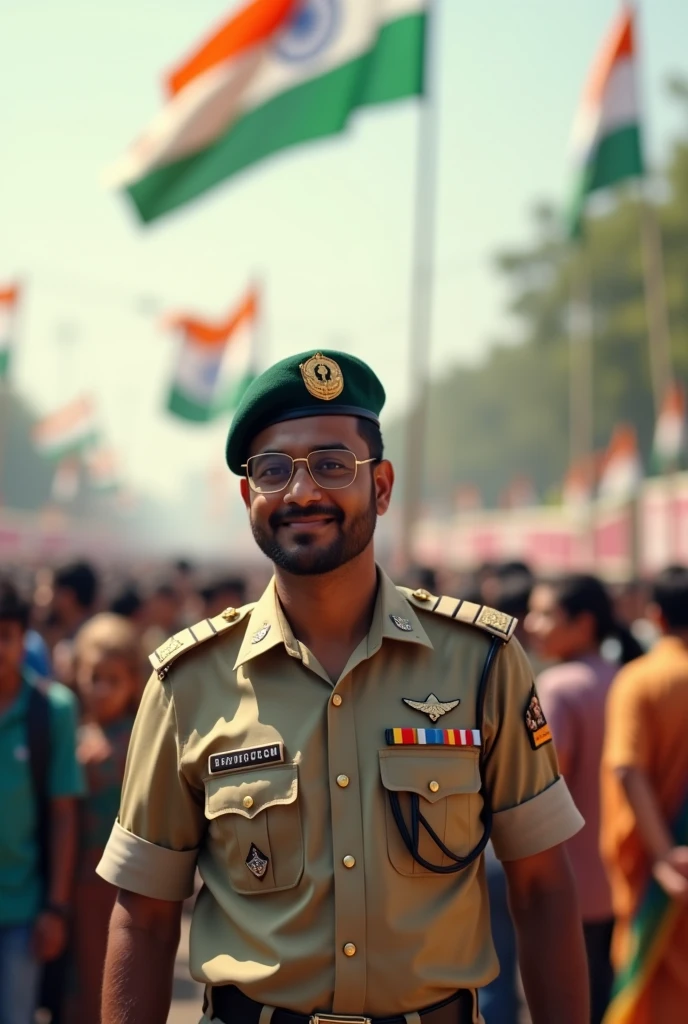 Prompt :
  "Generate a real-life image of a 35-year-old (boy) joyfully celebrating Indian Independence Day. The individual is dressed in Indian ARMY UNIFORM with the name MAJOR VENKATESH prominently displayed on their clothing. The sky above them features the words 'Happy Independence Day' in a bold font. The background is alive with a crowd of people celebrating, creating a vibrant and patriotic atmosphere."