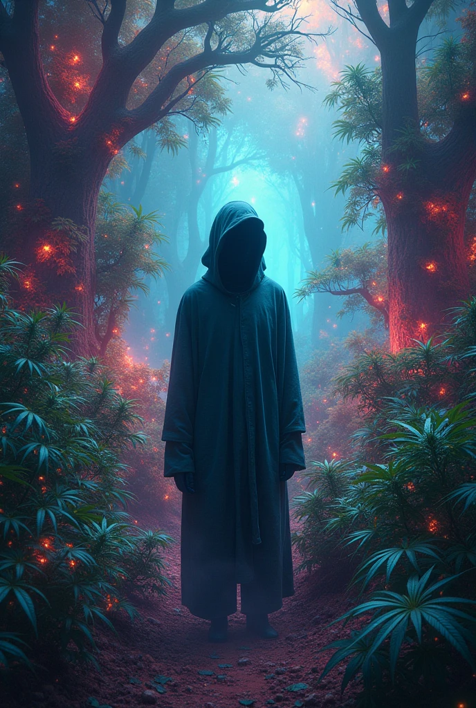 A man without a face surrounded by magical marijuana