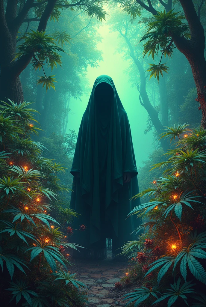 A man without a face surrounded by magical marijuana
