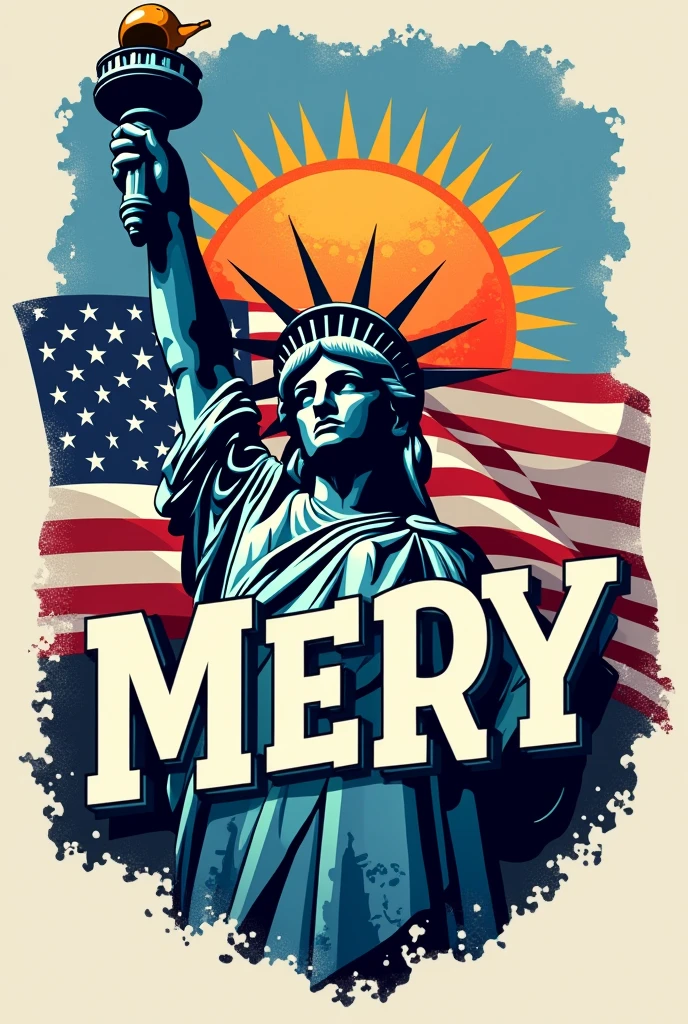A clothing logo that says in Spanish: "mery " . That has the United States flag in the background, another argentine flag with 3 stars on the argentine flag and the sun and the statue of liberty. The language must be Spanish
