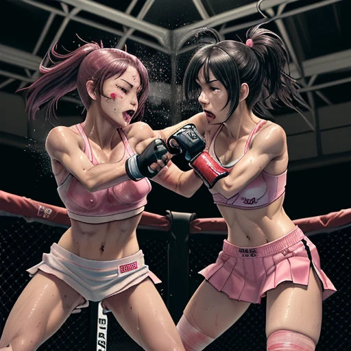 punch, punch, punch. two bloody beautiful Japanese female fighters are looking at each eyes. life or death struggle. survival battle. dynamic exciting action in the octagon fighting ring. whole body picture. they are beating each other so hard. their punches to each other's faces. they are covered in scars and bruises. they are damaged terribry. Short-cut black hair, out of breath, drooling from mouth, one eye closed, exhausted, drenched in sweat. Erect nipples. open finger glove. Ragged white and pink sports bra, high leg panty, Stockings. armwarmers. Whittled waistline,